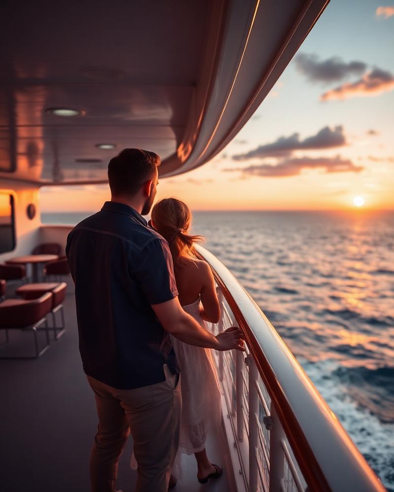 Casal apaixonado em cruzeiro ao pôr do sol