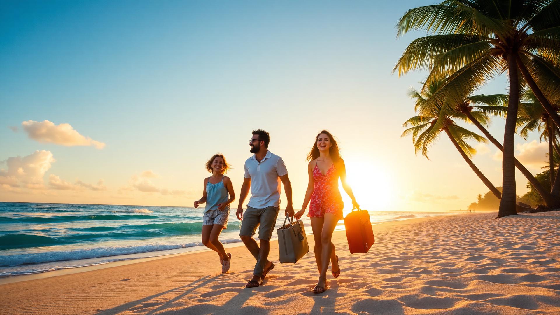 Família feliz caminhando na praia durante viagem
